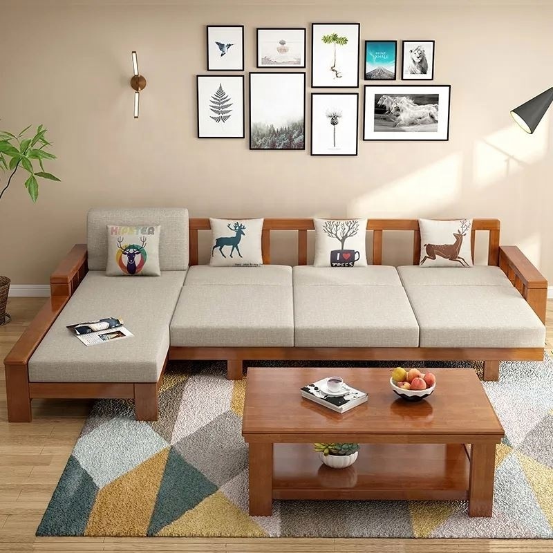 Living Room Full Solid Wood Sofa Combination Of Modern Chinese Small Apartment Three Solid Wood Fabric Sofa Bed