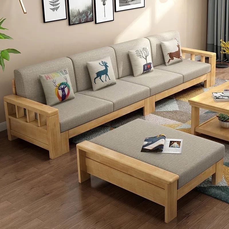 Living Room Full Solid Wood Sofa Combination Of Modern Chinese Small Apartment Three Solid Wood Fabric Sofa Bed