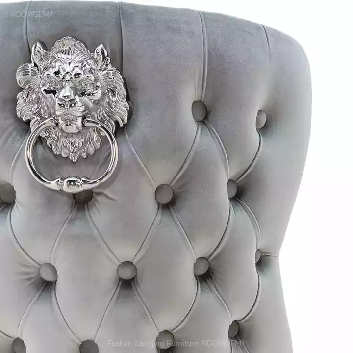 Custom Button Tufted Velvet Lion Backrest Modern Luxury Design Stainless Steel Legs Dining Room Dining Chairs