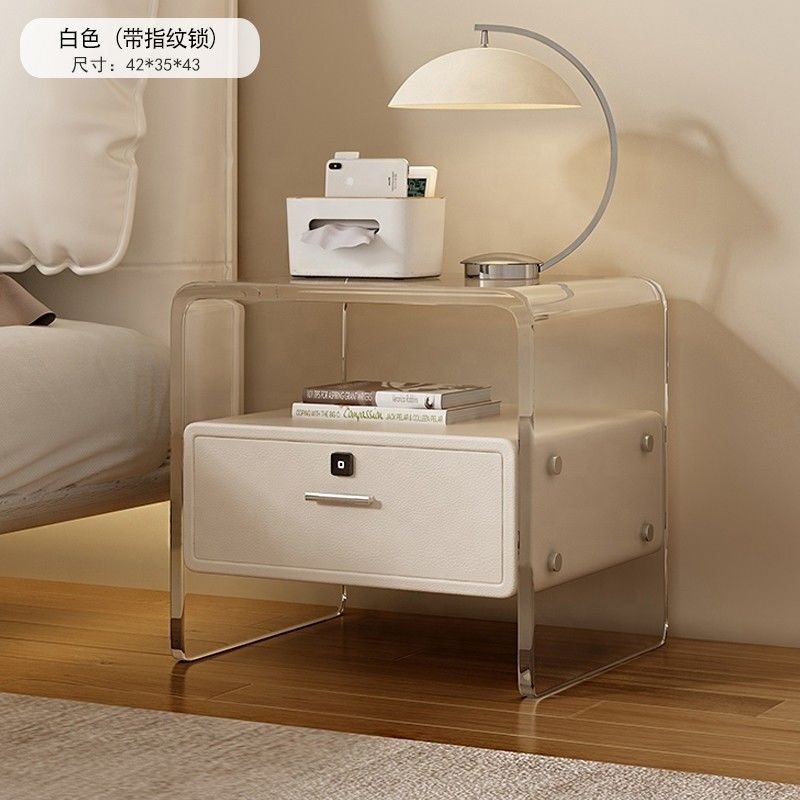 2024 Smart Luxury Beautiful Fingerprint Lock Bedroom Bedside Table Cabinet Wooden Nightstand