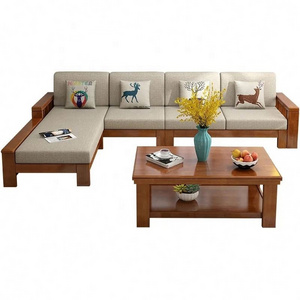 Living Room Full Solid Wood Sofa Combination Of Modern Chinese Small Apartment Three Solid Wood Fabric Sofa Bed