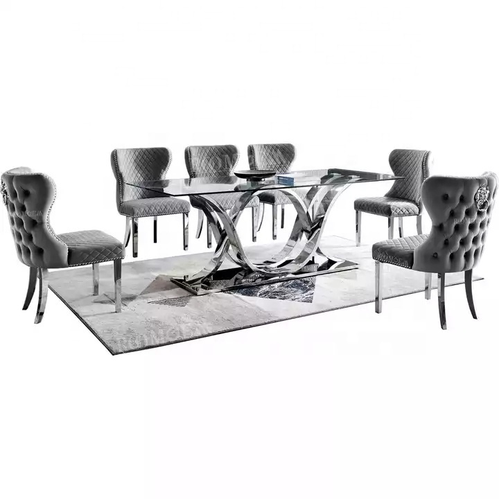 Custom Button Tufted Velvet Lion Backrest Modern Luxury Design Stainless Steel Legs Dining Room Dining Chairs