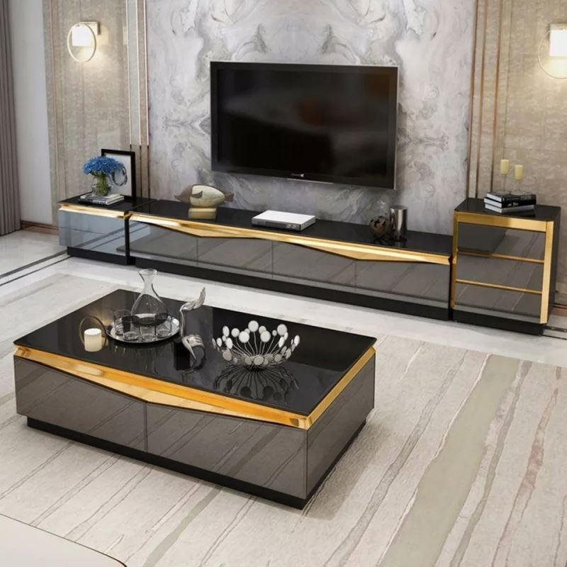 Modern Luxury Gold Metal White Black Tv Stand Center Tea Table And Tv Console Cabinet Stands Combination Living Room Furniture