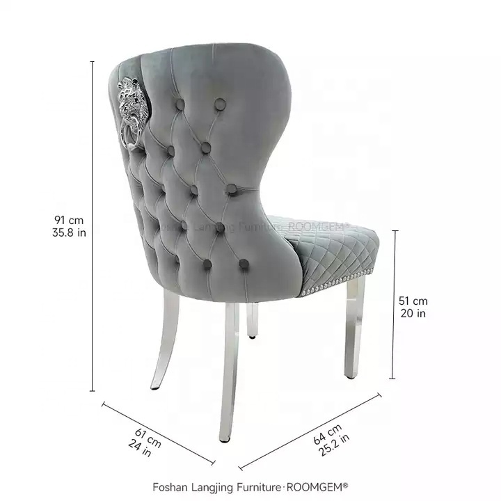 Custom Button Tufted Velvet Lion Backrest Modern Luxury Design Stainless Steel Legs Dining Room Dining Chairs