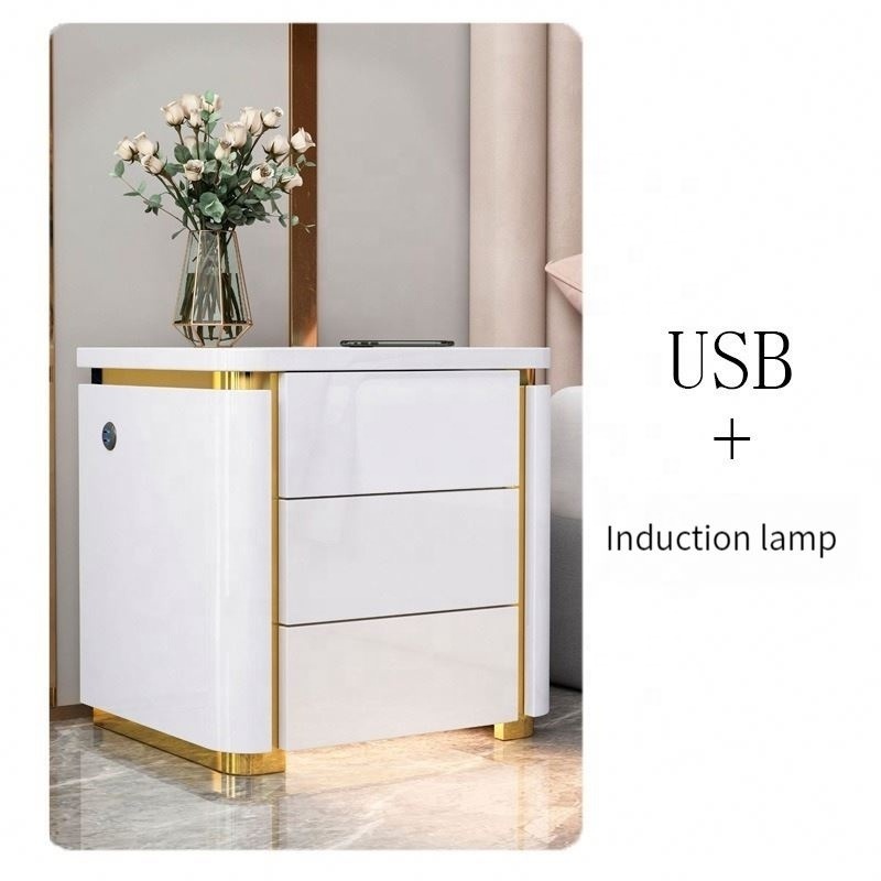 2024 Hot Sell Modern Smart Induction Light Wireless USB Fingerprint Lock Bedside Table Nightstand