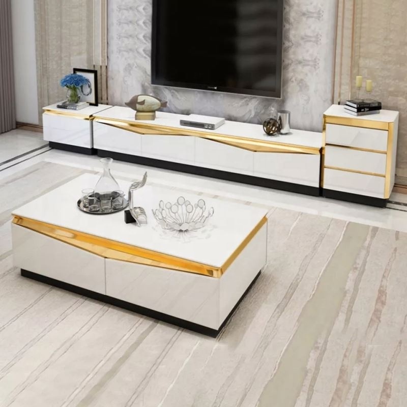 Modern Luxury Gold Metal White Black Tv Stand Center Tea Table And Tv Console Cabinet Stands Combination Living Room Furniture