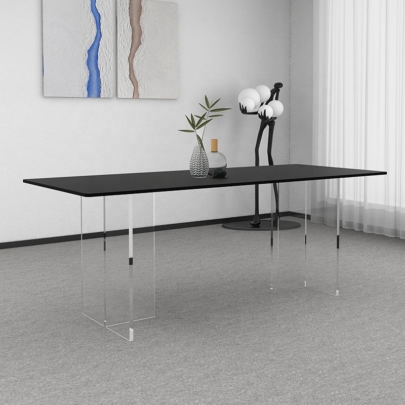 Hot Black Acrylic Rock Plate Dining Table Transparent Leg Rectangular Dining Table 8 Seater