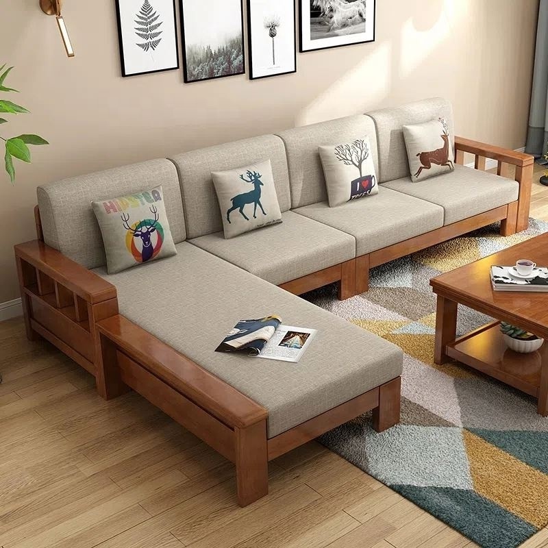 Living Room Full Solid Wood Sofa Combination Of Modern Chinese Small Apartment Three Solid Wood Fabric Sofa Bed