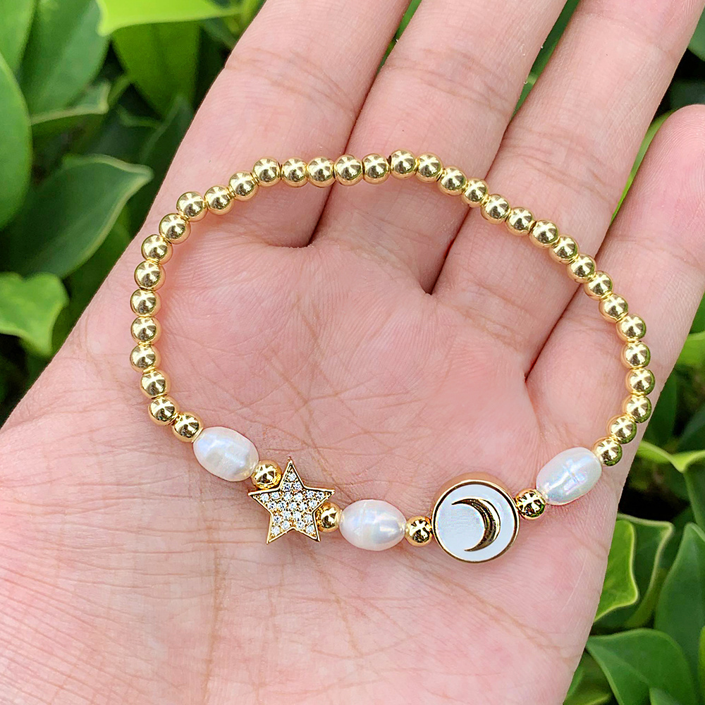 18K Gold Plated Star Shape  Zircon Stone Charm Elegant Natural Freshwater Pearl Bracelet