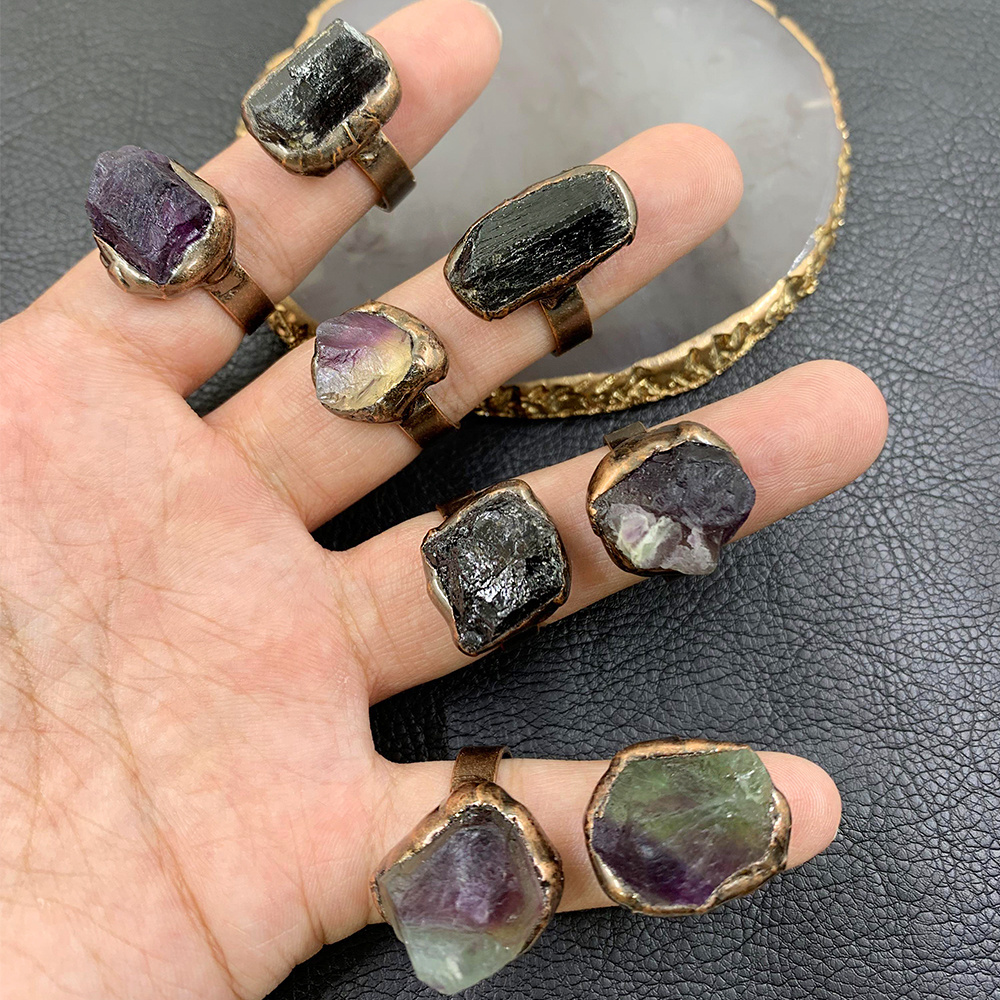 Black Deep Purple Gradient Color Rock Crystal Stone  Finger Ring Adjustable Opening Rings Irregular Natural Stone Jewelry