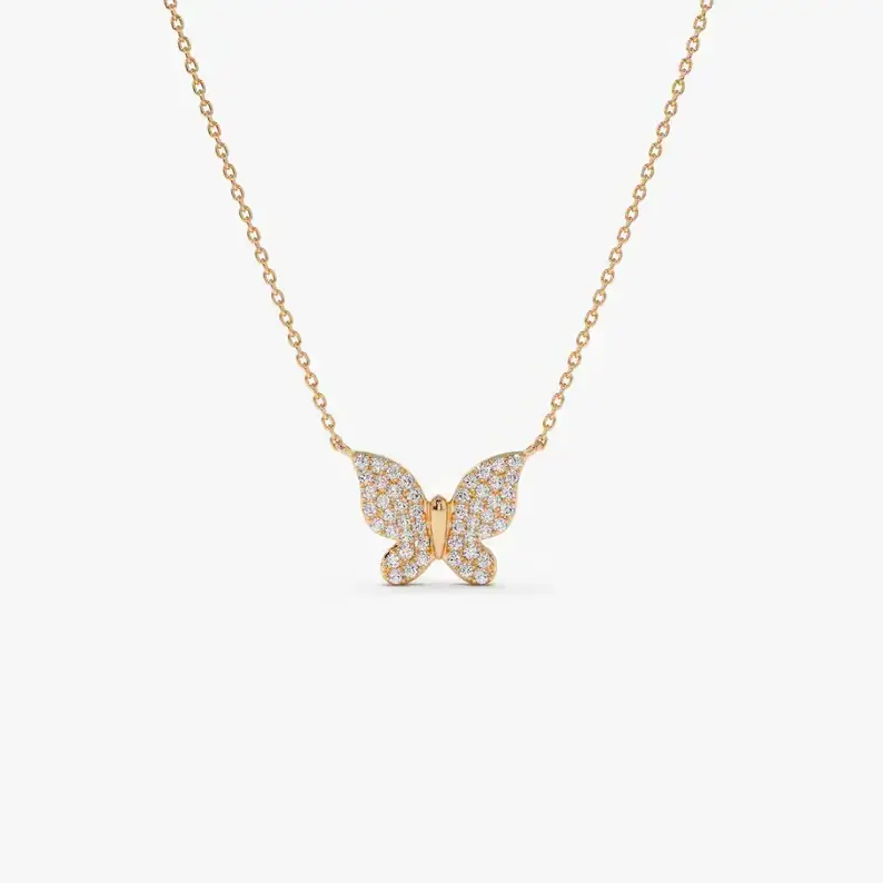 Butterfly Necklace 14k Gold Pave Diamond Butterfly Pendant Indian manufacturer custom cute pendant 18k solid gold fine jewelry