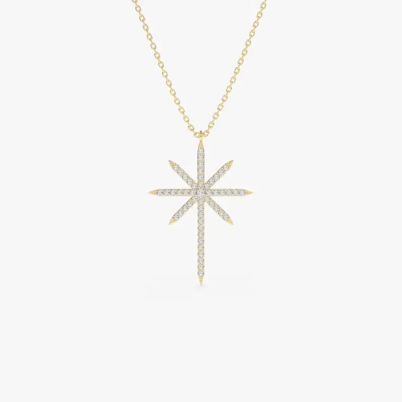 High Quality North Star Necklace 14k Solid Gold Celestial Diamond for Women Handmade Gold Chain Statement Pendant Necklace