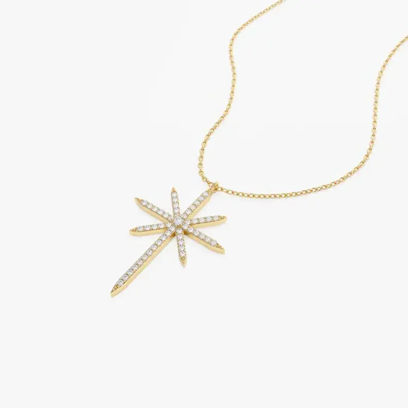 High Quality North Star Necklace 14k Solid Gold Celestial Diamond for Women Handmade Gold Chain Statement Pendant Necklace