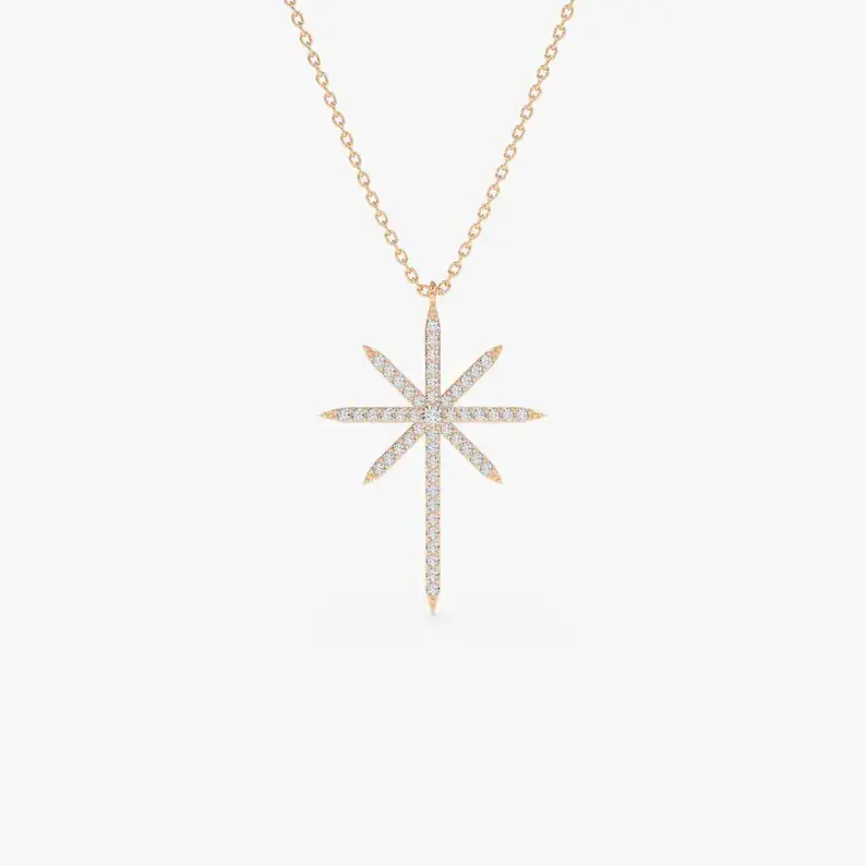 High Quality North Star Necklace 14k Solid Gold Celestial Diamond for Women Handmade Gold Chain Statement Pendant Necklace