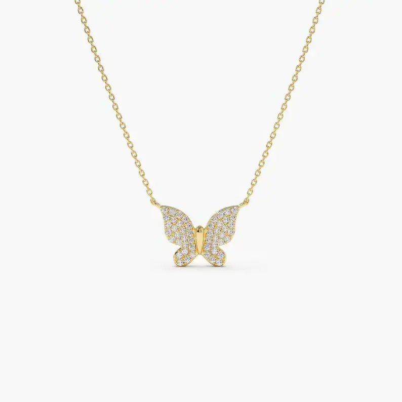 Butterfly Necklace 14k Gold Pave Diamond Butterfly Pendant Indian manufacturer custom cute pendant 18k solid gold fine jewelry