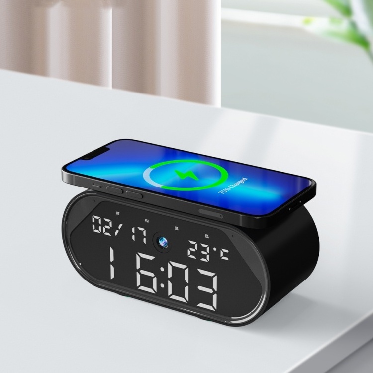 5 in 1 Portable BT Speaker Mobile Wireless Charger And Smart Digital Alarm Clock 3MP WiFi Camera For Home Security