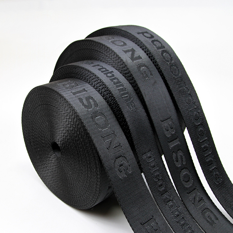 Custom Black Logo Webbing 1.5 Inch 38mm Jacquard Recycled Strap Custom Webbing Strap Debossed Webbing For Backpack Handbags