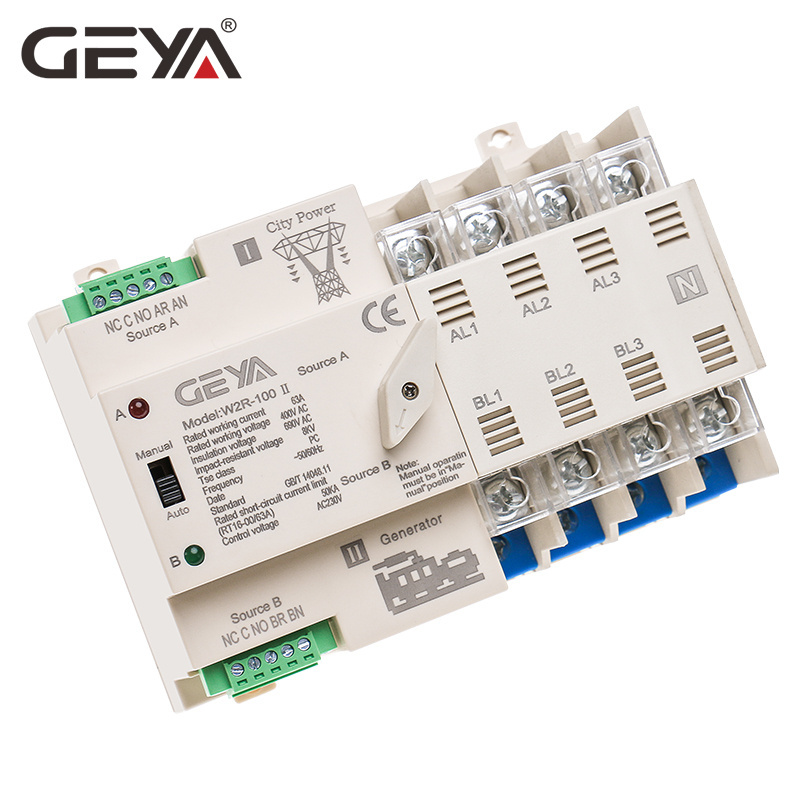 GEYA W2R-100 Din Rail Power Transfer Switch OEMS ATS Switch ATS 2P 3P 4P 100A AC 220V 4P 63A ATS PC Transfer Switch