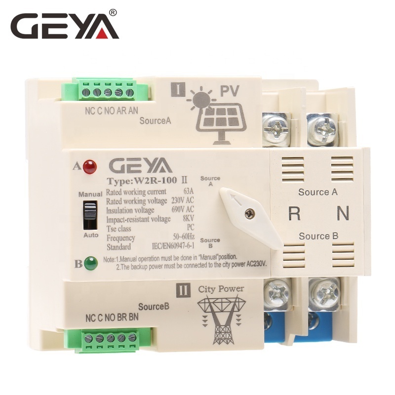 GEYA Photovoltaic Solar Power Dual Power Automatic Transfer Switch price Din Rail 2P 63A AC220V ATS PV System Power Use Only