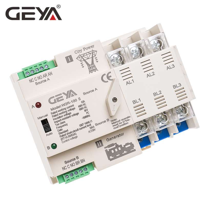 GEYA W2R-100 Din Rail Power Transfer Switch OEMS ATS Switch ATS 2P 3P 4P 100A AC 220V 4P 63A ATS PC Transfer Switch