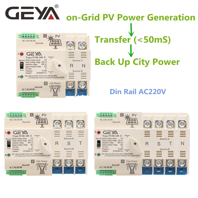 GEYA Photovoltaic Solar Power Dual Power Automatic Transfer Switch price Din Rail 2P 63A AC220V ATS PV System Power Use Only