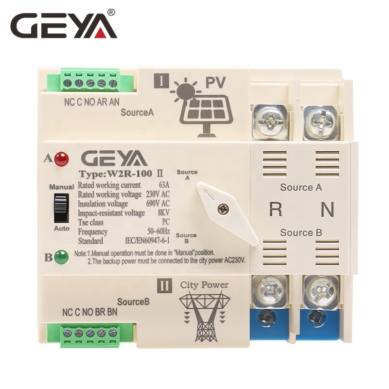 GEYA Photovoltaic Solar Power Dual Power Automatic Transfer Switch price Din Rail 2P 63A AC220V ATS PV System Power Use Only