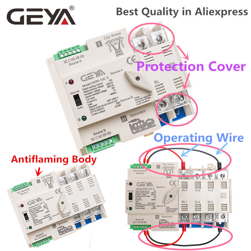 GEYA w2r-63a Electrical ATS Changeover Switch Dual Power Modular Automatic Transfer Switch 3 Phase 63A 100A