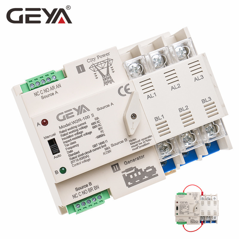 GEYA Dual Power Automatic transfer swith ats  Din Rail with CE 3 Phase ATS 63A 100A dual power automatic transfer switch 63 amp