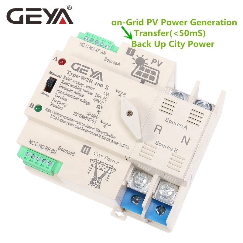 GEYA Photovoltaic Solar Power Dual Power Automatic Transfer Switch price Din Rail 2P 63A AC220V ATS PV System Power Use Only