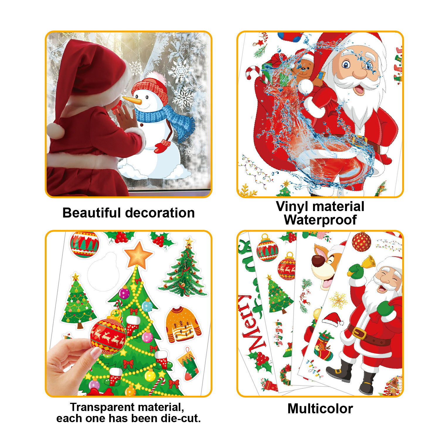 Christmas Waterproof Vinyl Transparent Window Stickers Home Decor,Clear Christmas Wall Stickers For Kids Room Decorations