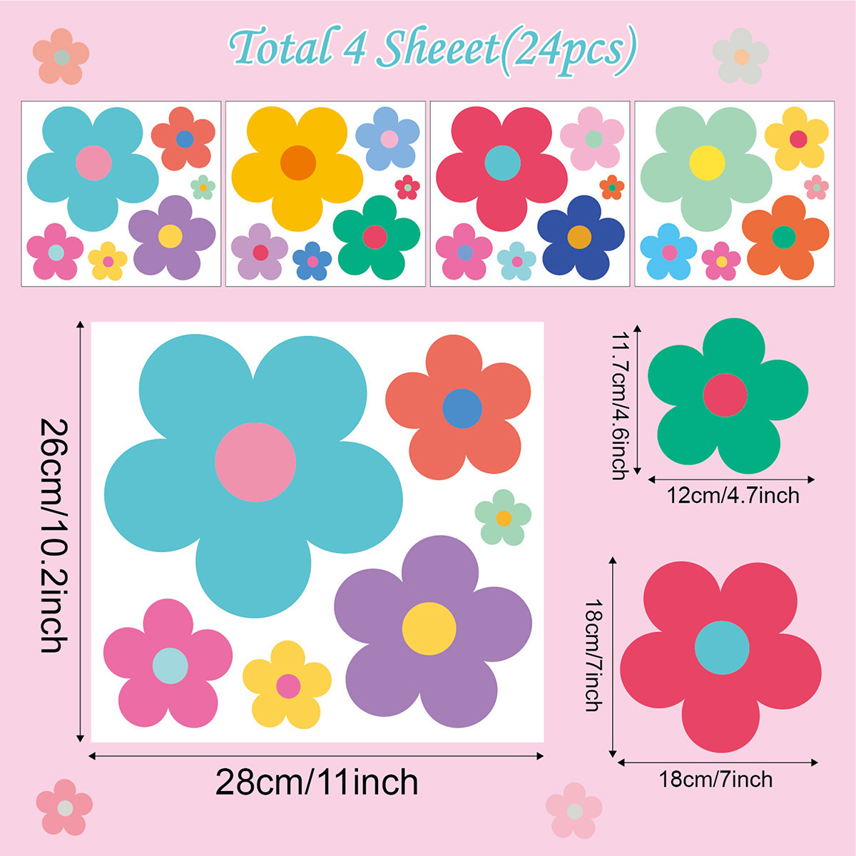 8 Sheets Colorful Flower Wall Stickers Decal for Kid Classroom,Lovely Retro Flowers Kindergarten Girls Bedroom,Home Decoration