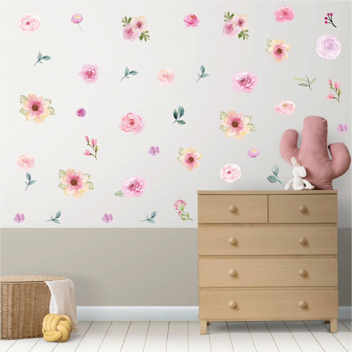 Watercolor Pink Flowers Wall Decal Blooming Peony Floral Wall Sticker For Girls Bedroom Wedding Party Decoration Sticker