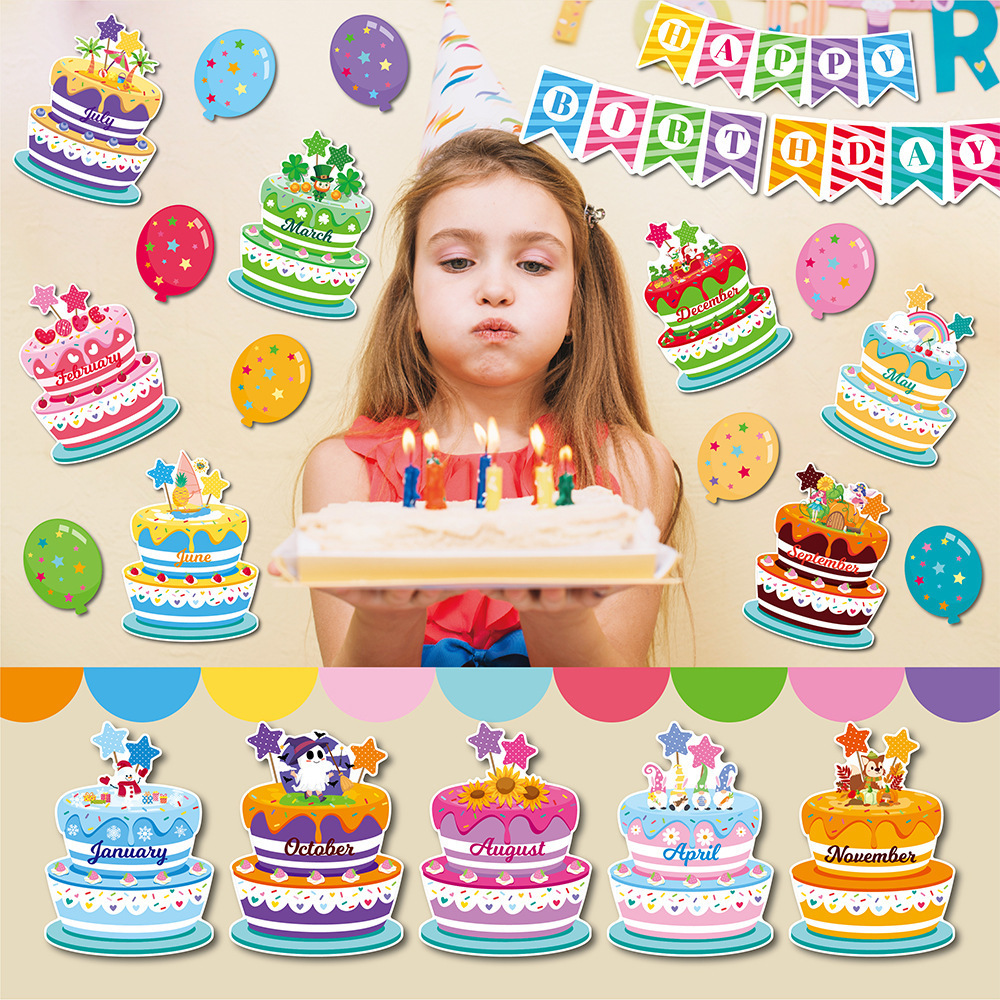 Hot Sale PVC Material Birthday Card Decorative Wall Stickers Pasting Cake Children Family Party Scene Decor for Family Parties