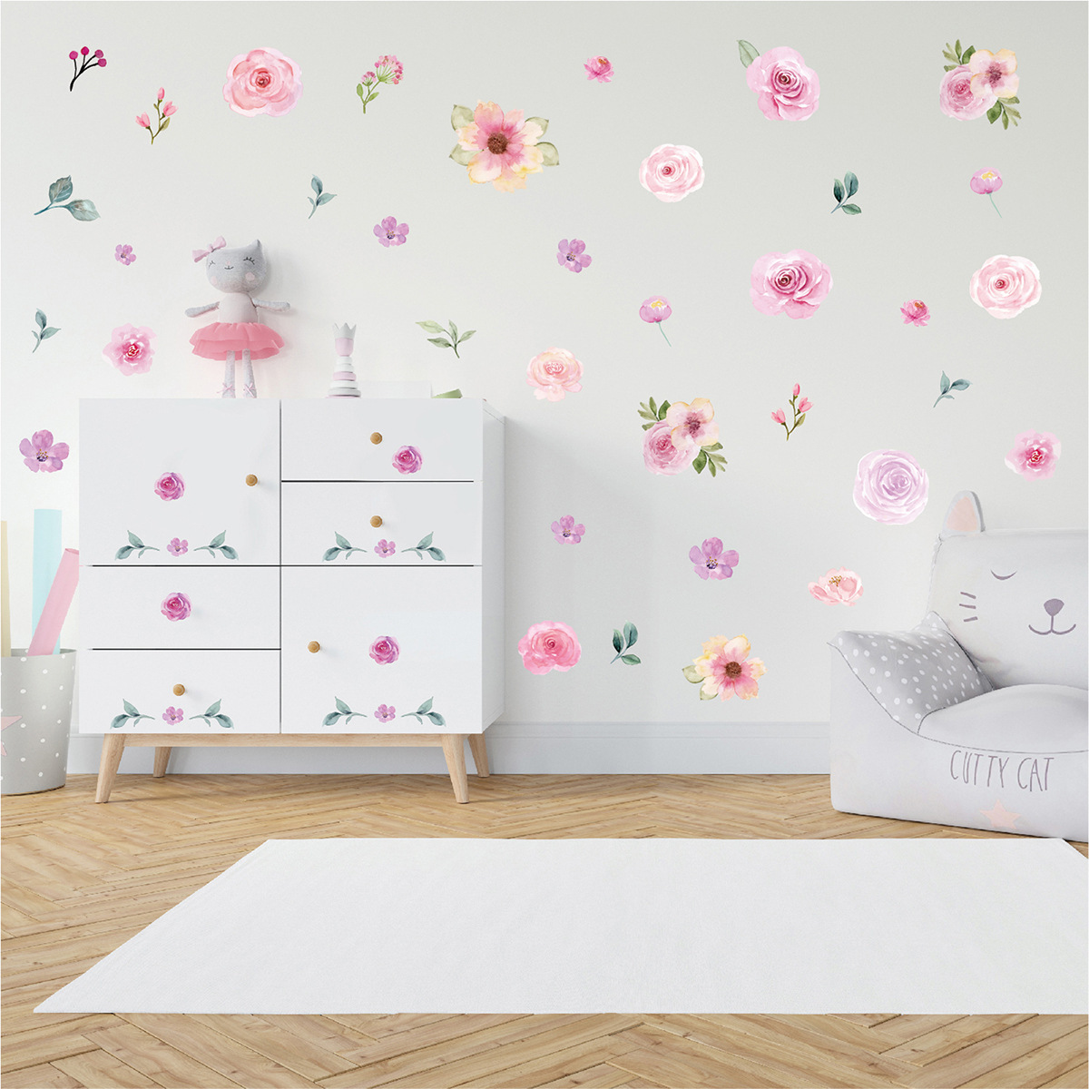 Watercolor Pink Flowers Wall Decal Blooming Peony Floral Wall Sticker For Girls Bedroom Wedding Party Decoration Sticker