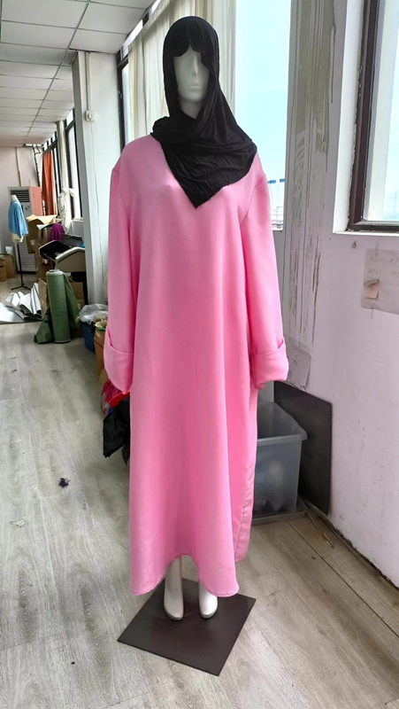 Dubai Closed Pockets Clothing Maxi Linen Dress Pink Thobe Muslim Abaya