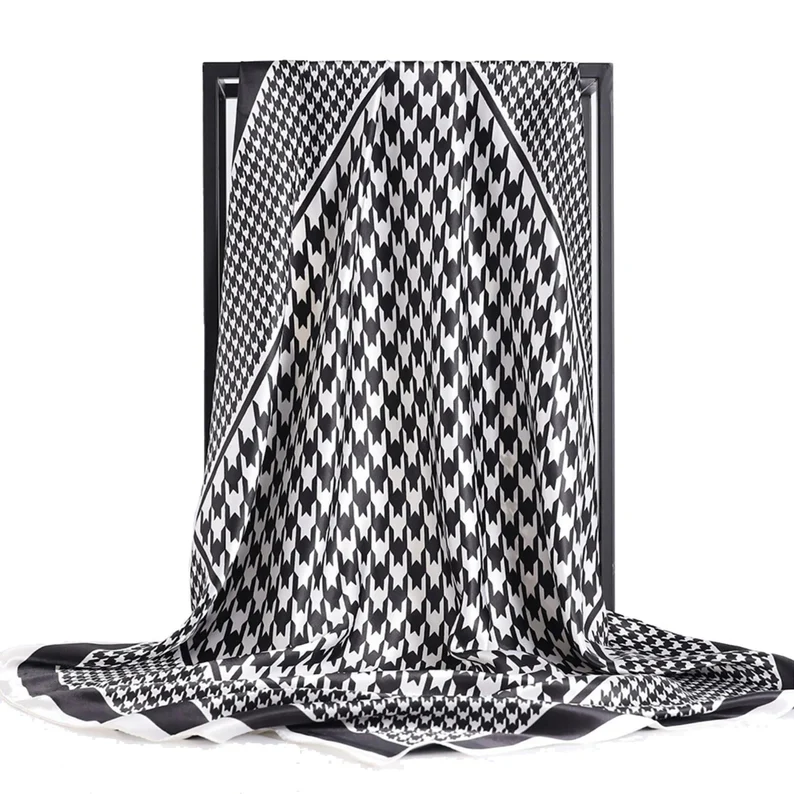 Houndstooth Black and White Geometric Scarf Satin Scarf Muslim Hijab