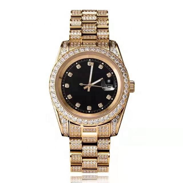 Regal Rhinestone Quartz Gold Luxury Big Face Real Diamond Ided Out Crystal Hip Hop Bling Watches