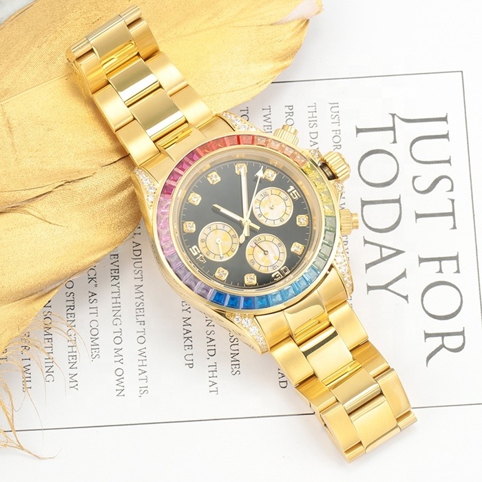 Luxury 18k gold plated multicolor diamond stainless steel mens wrist watch