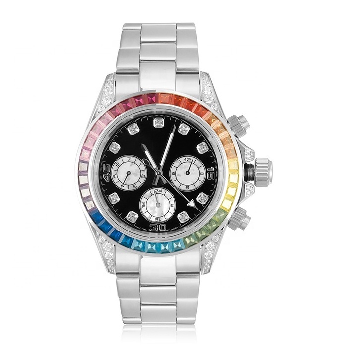 Luxury 18k gold plated multicolor diamond stainless steel mens wrist watch