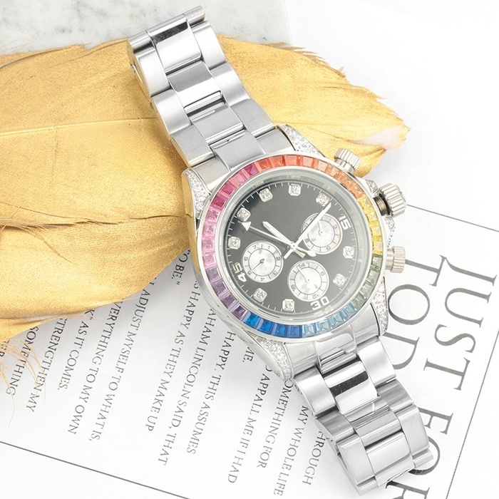 Luxury 18k gold plated multicolor diamond stainless steel mens wrist watch