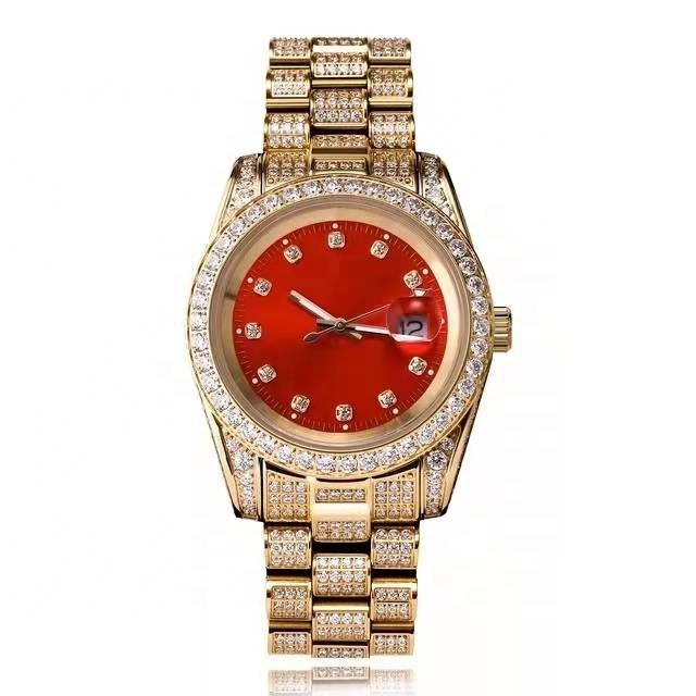 Regal Rhinestone Quartz Gold Luxury Big Face Real Diamond Ided Out Crystal Hip Hop Bling Watches