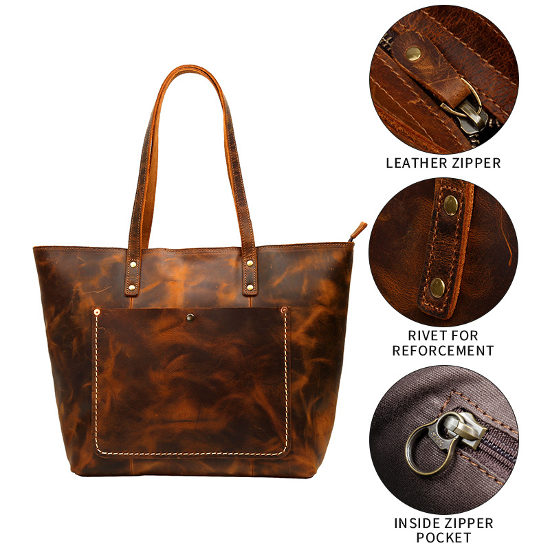 Wholesale Vintage Cowhide Lady Luxury Crazy Horse Leather Tote Bag Handbags Genuine Leather Shoulder Bag For Women