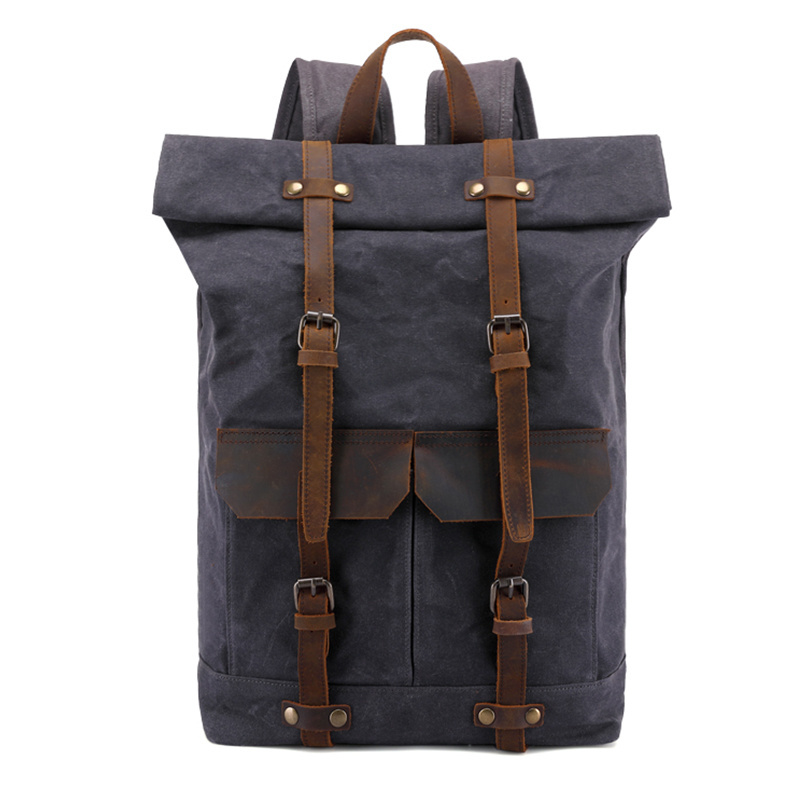 Custom Large Capacity Vintage Roll Top Outdoor Camping Hiking Bag Waxed Canvas Backpack Men Travel Backpack