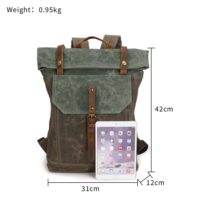 Custom Women Roll Top School College  Casual Camping Hiking Travel Waxed Canvas Bag Canvas Rucksack Vintage Backpack For Men