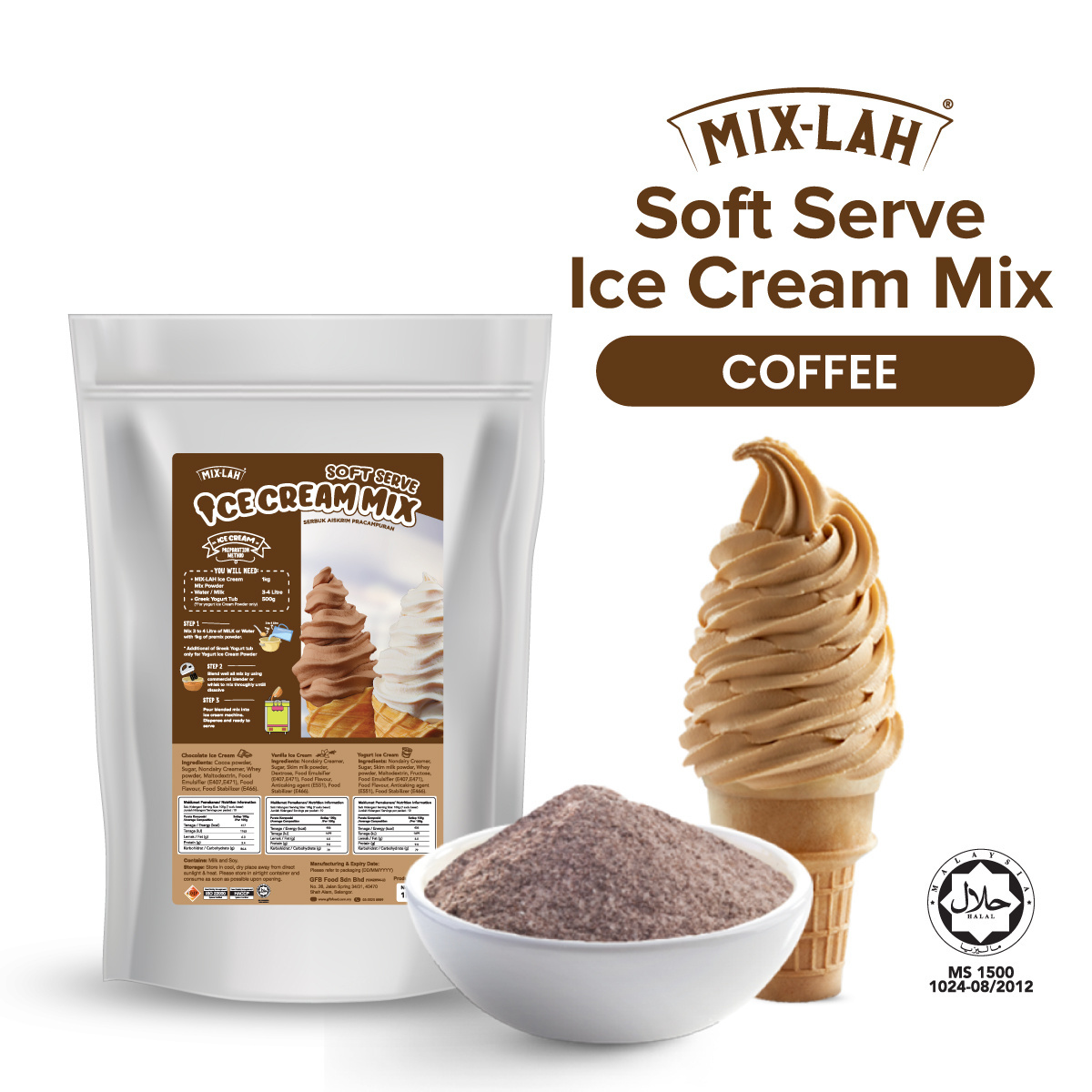 Halal Premium Quality Malaysia White Coffee Ice Cream Soft Serve Mix Powder 1kg for Vending Machine Soft Serve