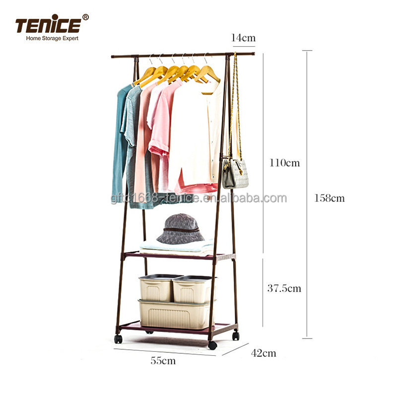 Tenice 2 tier Garment Rack With 1 Hanging Bar, 2 Non woven Fabric shelves and 4 Plastic Wheels, For Livingroom Bedroom Entryway