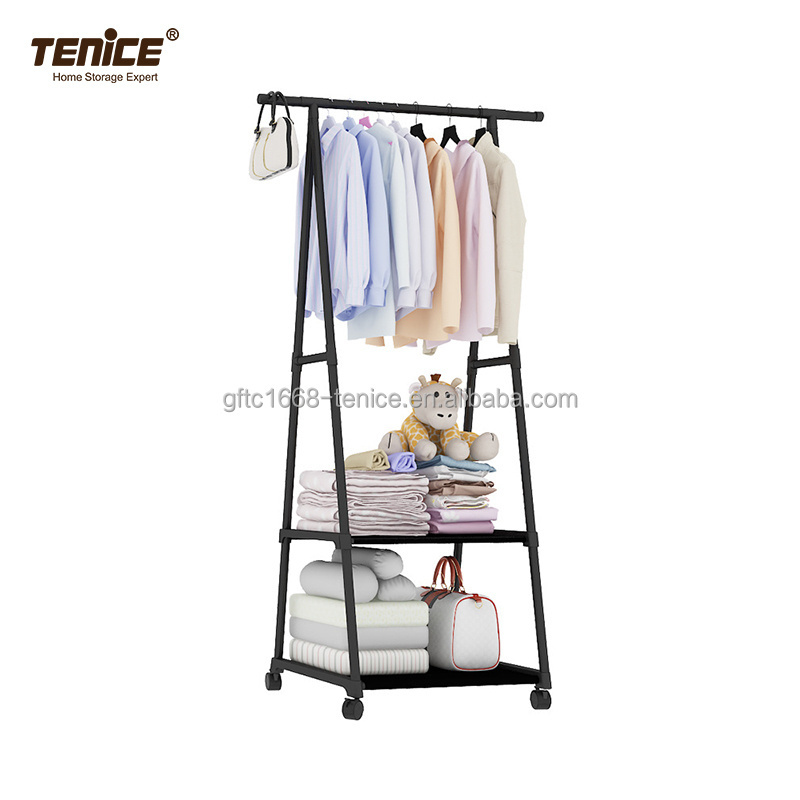 Tenice 2 tier Garment Rack With 1 Hanging Bar, 2 Non woven Fabric shelves and 4 Plastic Wheels, For Livingroom Bedroom Entryway