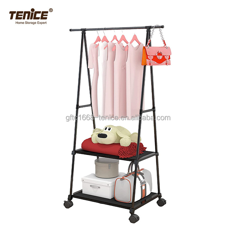 Tenice 2 tier Garment Rack With 1 Hanging Bar, 2 Non woven Fabric shelves and 4 Plastic Wheels, For Livingroom Bedroom Entryway