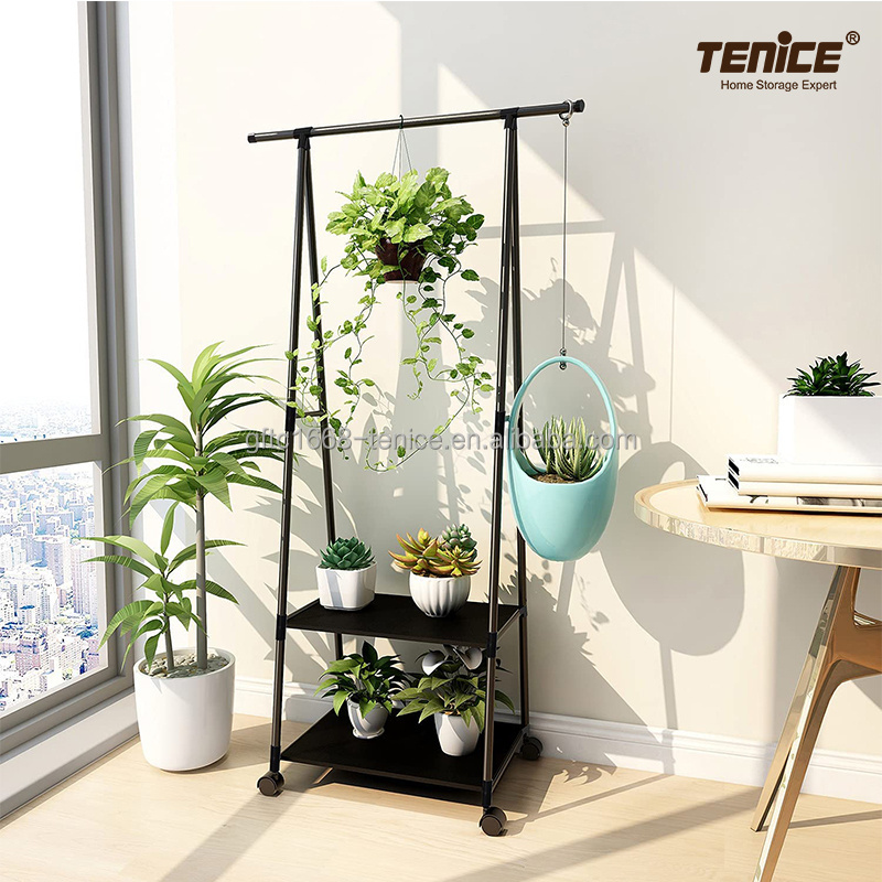 Tenice 2 tier Garment Rack With 1 Hanging Bar, 2 Non woven Fabric shelves and 4 Plastic Wheels, For Livingroom Bedroom Entryway