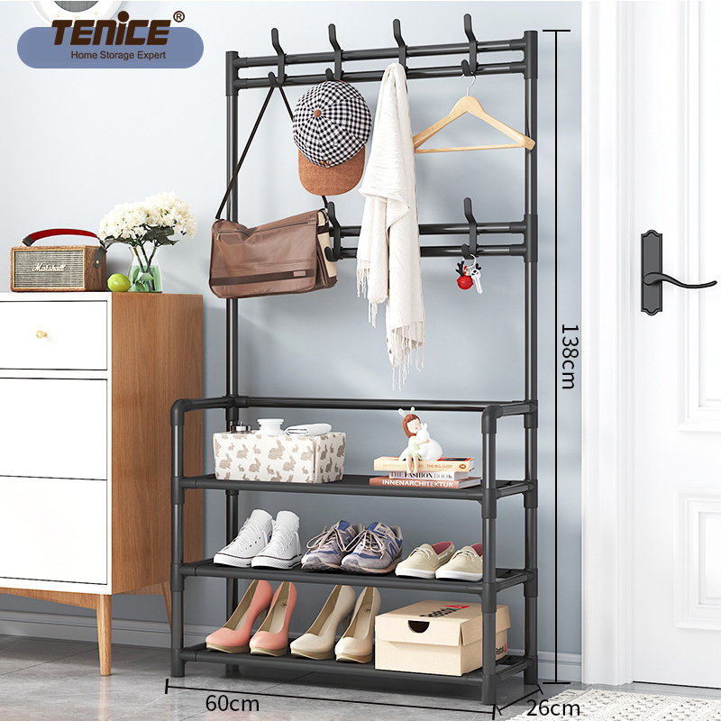 Tenice Coat Rack Shoe Bench, 3-in-1 Hall Tree Shoe Rack for Entryway, 3-Tier Storage Shelf and 8 Hooks multifunction